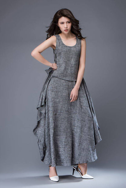 Gray Linen Dress - Layered Flowing Elegant Long Sleeve Long Summer Dress with Scoop Neck Handmade Clothing C881