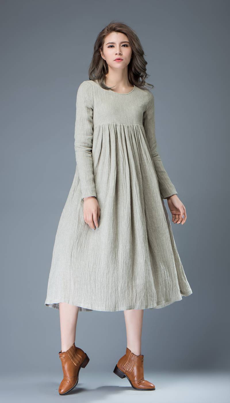 Light Gray Flared Pleated Mid-length Long Sleeved High-Waisted Loose-Fitted Handmade Plus Size Dress C809