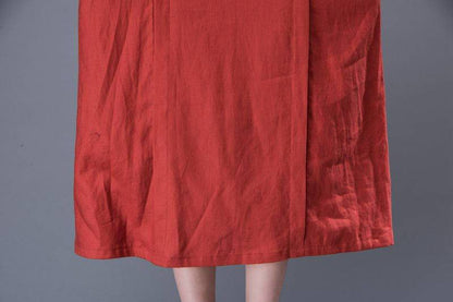Linen Dress - Rusty Red Semi-Fitted Casual Comfortable Everyday Day Dress with Large Side Pockets & Short Sleeves C882