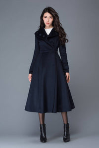 Long Navy Blue Wool Coat C1021#