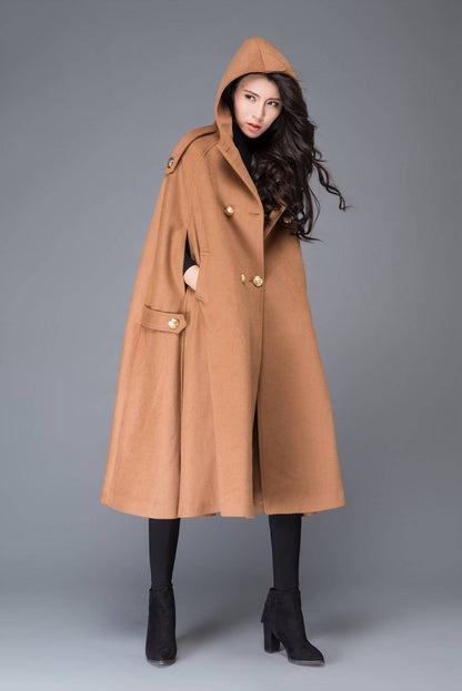Hooded cloak, cape coat, wool cloak, hooded cape, wool coat, long coat, long cape, winter cloak, maxi coat, plus size coat, brown cape C994
