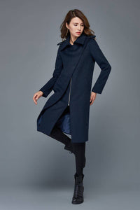 Winter coats for women, navy blue wool coat, mid length coat, unique coat, warm jacket, womens coats, zipper coat, custom jackets C973