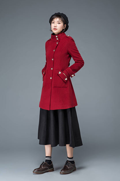 wool coat, winter coat, red coat, womens coat, Military coat, warm coat, Vintage coat, high collar coat, women wool coat, retro coat C1198