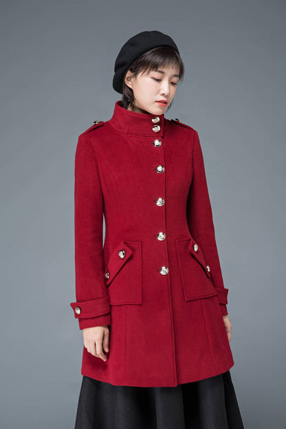 wool coat, winter coat, red coat, womens coat, Military coat, warm coat, Vintage coat, high collar coat, women wool coat, retro coat C1198