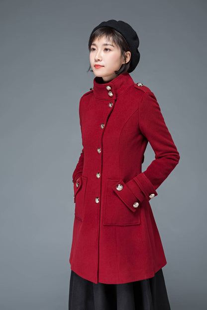 wool coat, winter coat, red coat, womens coat, Military coat, warm coat, Vintage coat, high collar coat, women wool coat, retro coat C1198