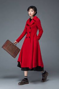 princess coat, red wool coat, dress coat, long warm coat, designer coat, fit and flare coat, double breasted coat, swing coat, custom C1199
