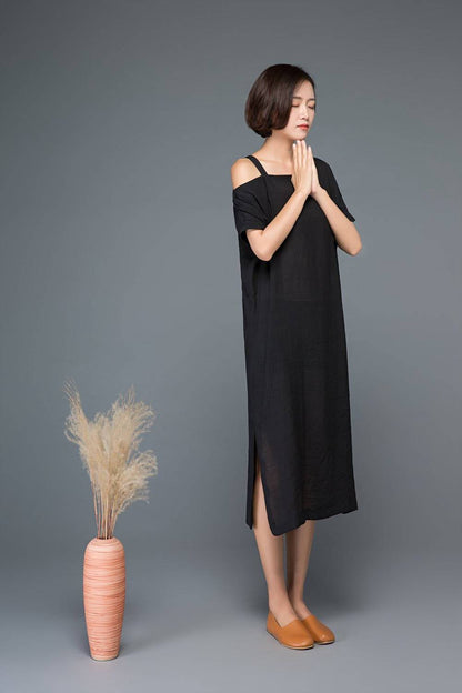 Split dress, one shoulder dress, black dress, linen dress, midi dress, womens dress, strap dress, summer dress, loose dress, day dress C1149