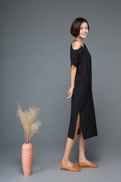 Split dress, one shoulder dress, black dress, linen dress, midi dress, womens dress, strap dress, summer dress, loose dress, day dress C1149