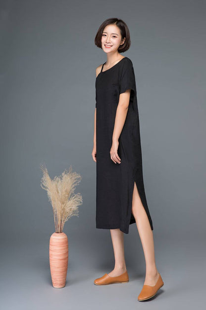 Split dress, one shoulder dress, black dress, linen dress, midi dress, womens dress, strap dress, summer dress, loose dress, day dress C1149