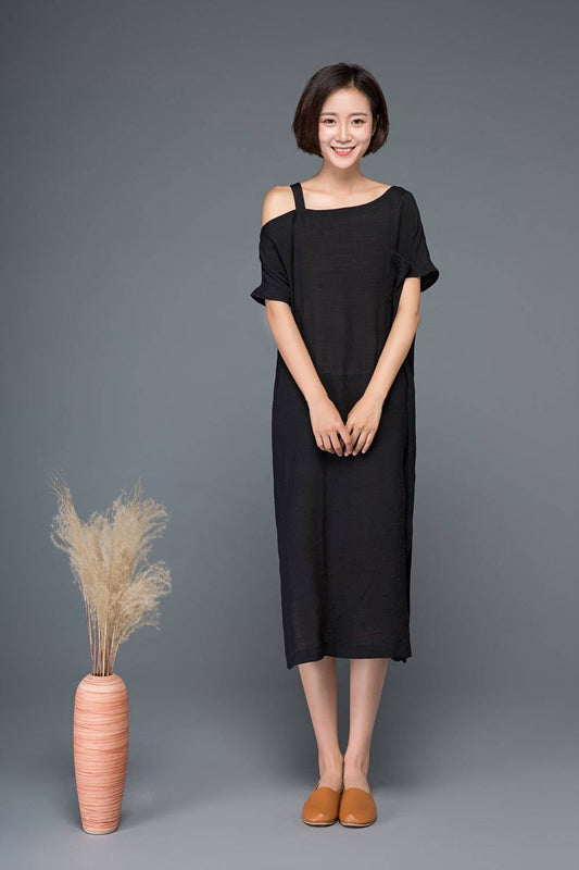 Split dress, one shoulder dress, black dress, linen dress, midi dress, womens dress, strap dress, summer dress, loose dress, day dress C1149