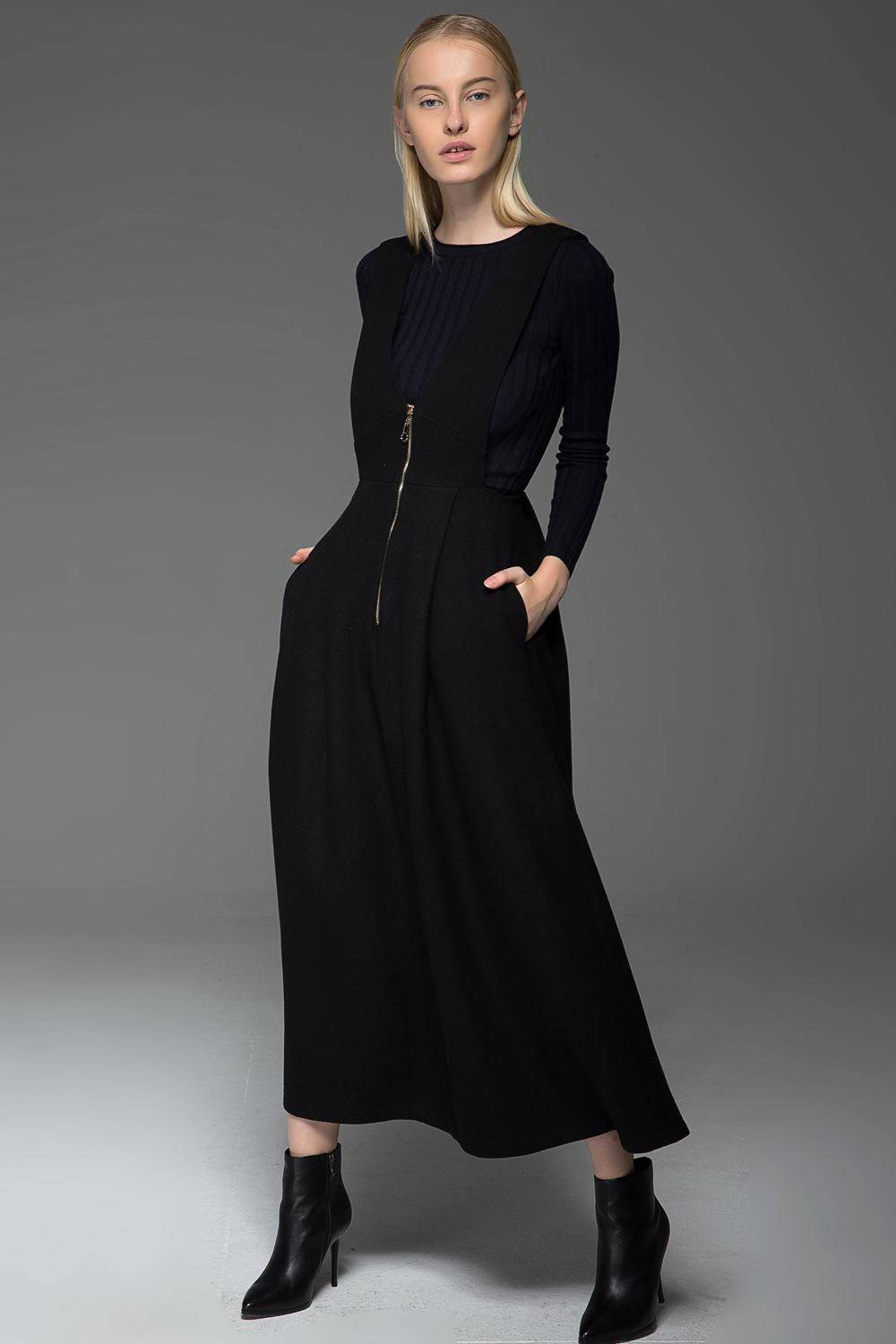 Black wool dress, Black pinafore dress, midi dress pockets, winter dress, womens long dress, zipper dress, pleated dress , custom dress C776