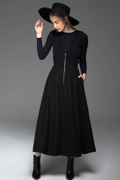 Black wool dress, Black pinafore dress, midi dress pockets, winter dress, womens long dress, zipper dress, pleated dress , custom dress C776