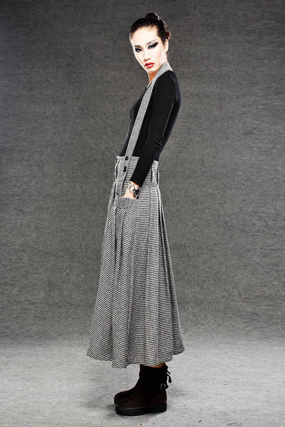 Wool Suspender skirt, pleated skirt, winter skirt, long skirt, womens skirts, maxi skirt, houndstooth skirt, button skirt, pocket skirt C049