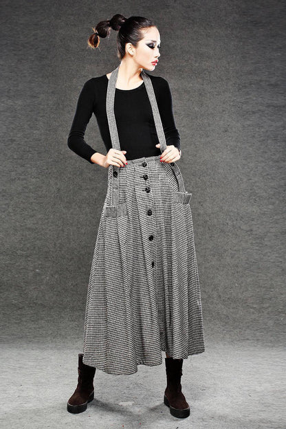 Wool Suspender skirt, pleated skirt, winter skirt, long skirt, womens skirts, maxi skirt, houndstooth skirt, button skirt, pocket skirt C049