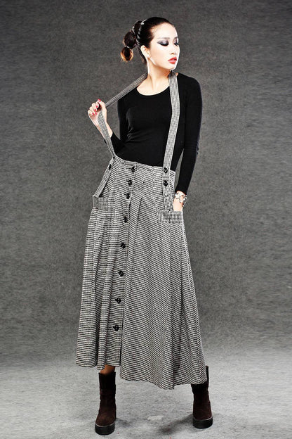 Wool Suspender skirt, pleated skirt, winter skirt, long skirt, womens skirts, maxi skirt, houndstooth skirt, button skirt, pocket skirt C049
