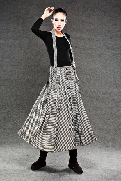 Wool Suspender skirt, pleated skirt, winter skirt, long skirt, womens skirts, maxi skirt, houndstooth skirt, button skirt, pocket skirt C049
