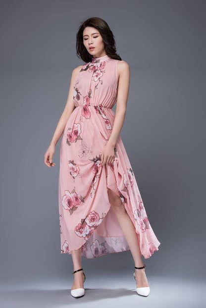 Pink print chiffon dress, bridesmaid chiffon dress, flower chiffon dress, romantic dress, womens dress, wedding dress, sleeveless dress C875