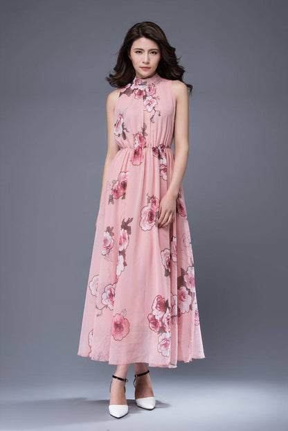 Pink print chiffon dress, bridesmaid chiffon dress, flower chiffon dress, romantic dress, womens dress, wedding dress, sleeveless dress C875