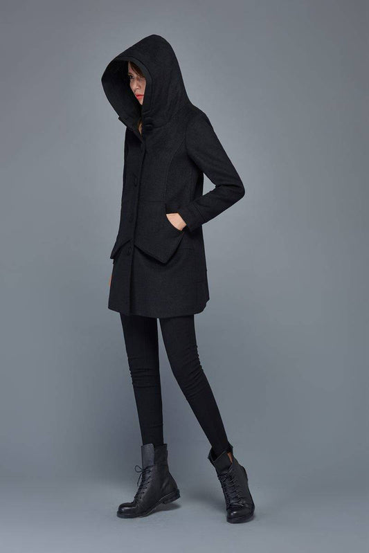 Wool coat, black coat, womens jacket, winter coat, coat, jacket, midi coat, hooded coat, womens jacket, mini jacket  C978