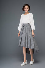 Load image into Gallery viewer, Gray linen skirt, linen womens skirt, summer linen skirt, midi skirt, asymmetrical skirt, bow skirt, pleated skirt, flare skirt C1159
