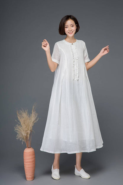 White linen dress, maxi dress, loose dress, summer dress, long dress, flare dress, elegant dress, pleated dress, cute dress, day dress C1161