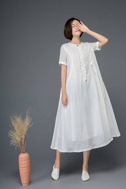 White linen dress, maxi dress, loose dress, summer dress, long dress, flare dress, elegant dress, pleated dress, cute dress, day dress C1161