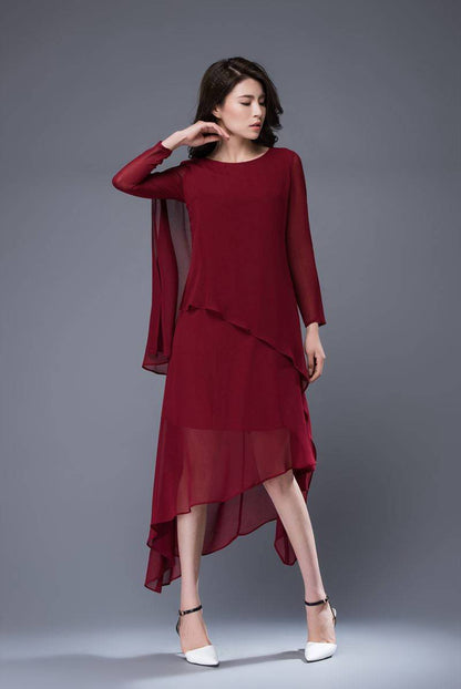 Chiffon dress, wine red dress, formal dress, layered dress, bridesmaid dress, party dress, prom dress, womens dress, asymmetrical dress C878
