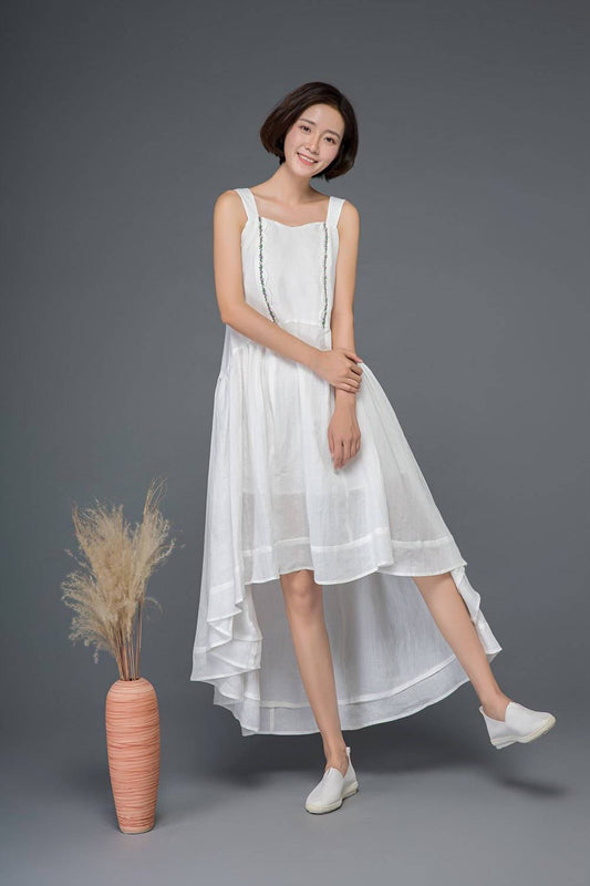 White linen dress, cute dress, summer dress, embroider dress, strap dress, wedding dress, asymmetrical dress, flare dress, loose dress C1162