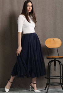 Party skirt, chiffon skirt, long skirt, navy blue skirt, womens skirts, elegant skirt, flare skirt, swing skirt, pleated skirt C428