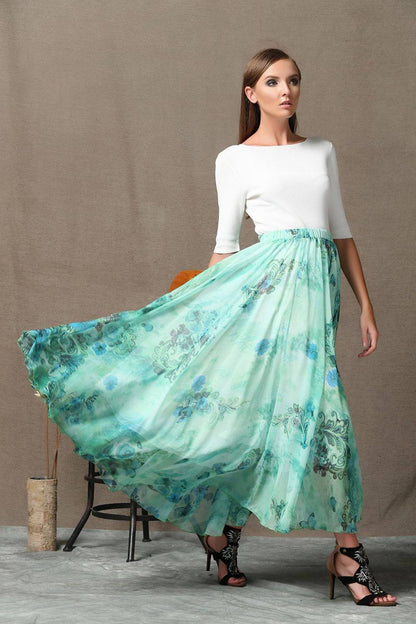Turquoise skirt, chiffon skirt, print maxi skirt, sheer skirt, butterfly skirt, long skirt, floral skirt, flower skirt, summer skirt C564