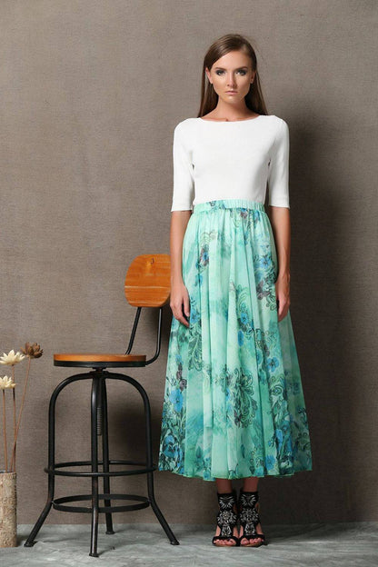 Turquoise skirt, chiffon skirt, print maxi skirt, sheer skirt, butterfly skirt, long skirt, floral skirt, flower skirt, summer skirt C564