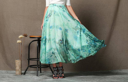 Turquoise skirt, chiffon skirt, print maxi skirt, sheer skirt, butterfly skirt, long skirt, floral skirt, flower skirt, summer skirt C564