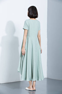 Midi Cotton Dress, womens dresses, green dress, Casual Dress, Printed Dress, Short Sleeve Dress, loose dress, Summer Dress C1129