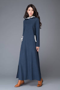 Blue Linen dress, maxi dress, linen dress, womens dresses, causal dress, hoody dress, long sleeved dress, maxi linen dress, long skirt C1011