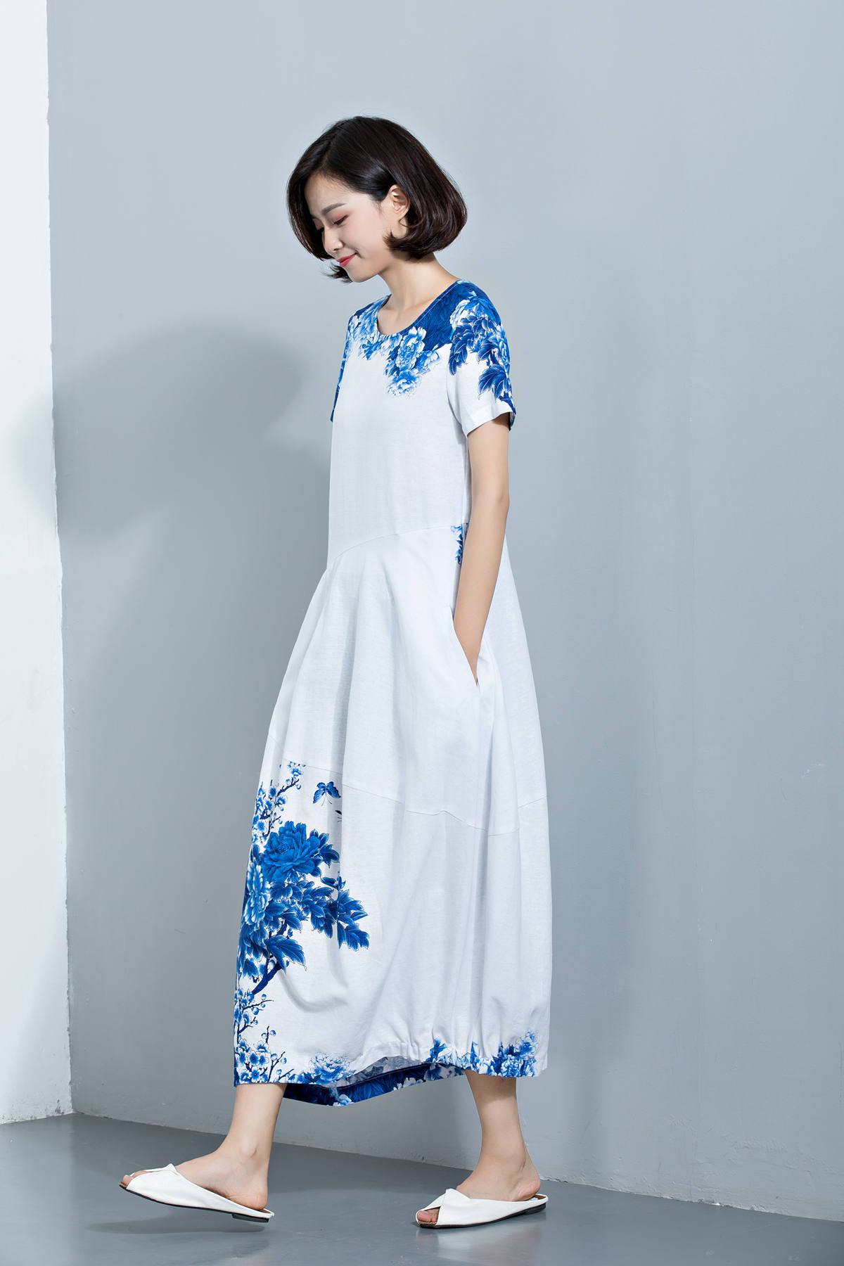 Womens dresses, Linen Dress, maxi dress, dress, Midi Length Dress, Loose Dress, summer dress, print dress, flower dress C1134