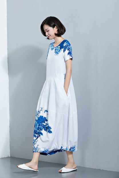 Womens dresses, Linen Dress, maxi dress, dress, Midi Length Dress, Loose Dress, summer dress, print dress, flower dress C1134