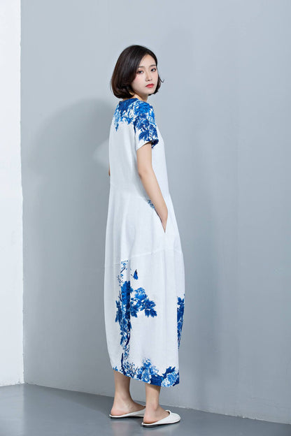 Womens dresses, Linen Dress, maxi dress, dress, Midi Length Dress, Loose Dress, summer dress, print dress, flower dress C1134