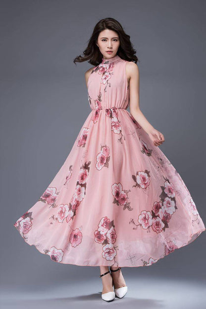 Pink print chiffon dress, bridesmaid chiffon dress, flower chiffon dress, romantic dress, womens dress, wedding dress, sleeveless dress C875