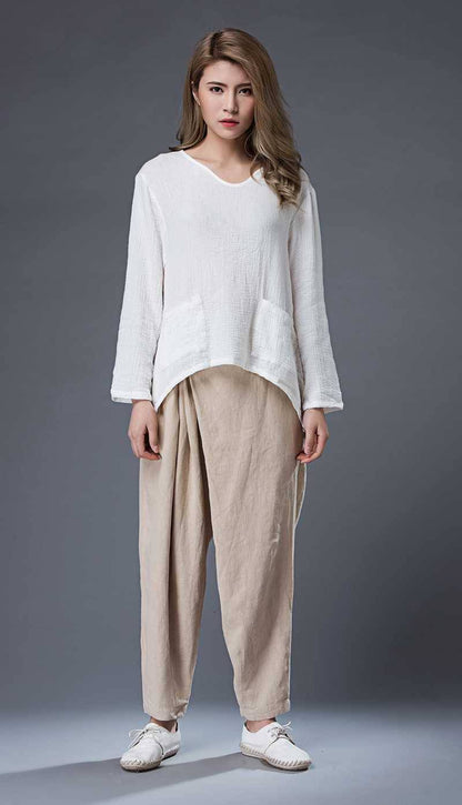 Linen top, womens linen top, white linen top, oversized linen top, linen blouse with long sleeves, v neck tops, irregular blouses C866