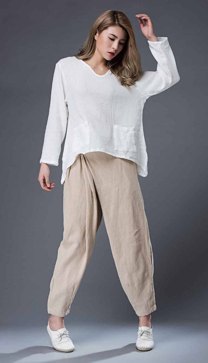 Linen top, womens linen top, white linen top, oversized linen top, linen blouse with long sleeves, v neck tops, irregular blouses C866