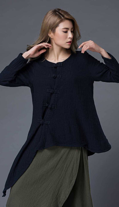 long sleeves top, casual top, summer top, loose blouse, linen top, blue top, asymmetrical shirt, loose blouse, classic shirt C857