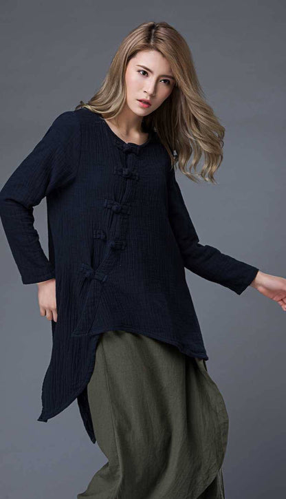 long sleeves top, casual top, summer top, loose blouse, linen top, blue top, asymmetrical shirt, loose blouse, classic shirt C857