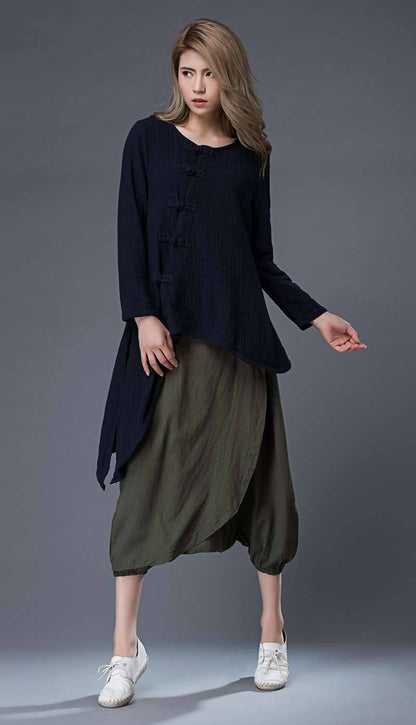 long sleeves top, casual top, summer top, loose blouse, linen top, blue top, asymmetrical shirt, loose blouse, classic shirt C857