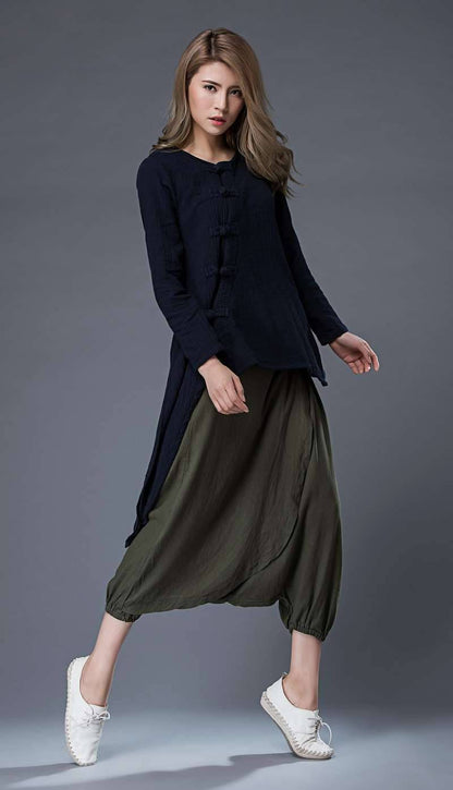 long sleeves top, casual top, summer top, loose blouse, linen top, blue top, asymmetrical shirt, loose blouse, classic shirt C857