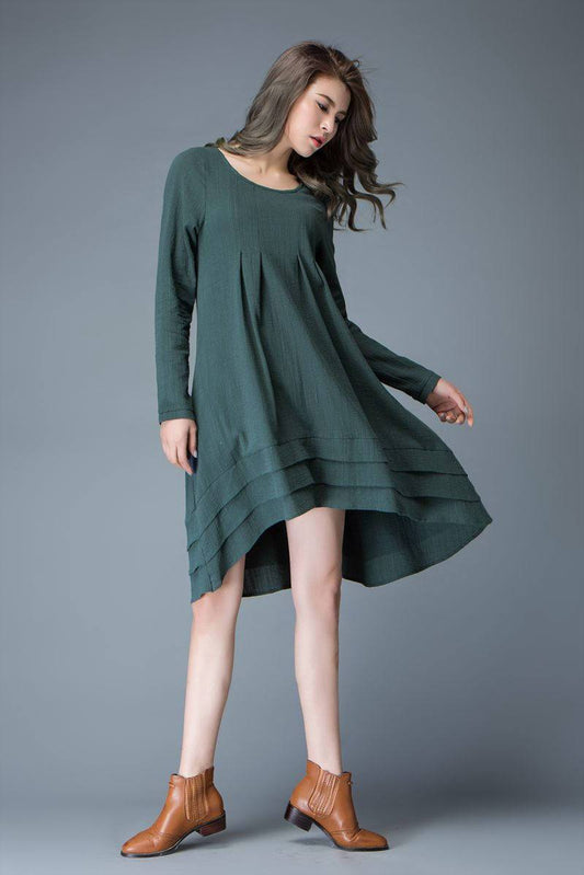 Tunic dress, linen dress, green pleated dress, dress with pockets, summer dress, plus size dress, linen dress women, midi dress C804