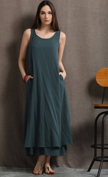 Layered Linen Maxi Dress - Long Sage Green Casual Everyday Comfortable Loose-Fitting Plus Size Women's Dress (C414)