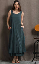 Load image into Gallery viewer, Layered Linen Maxi Dress - Long Sage Green Casual Everyday Comfortable Loose-Fitting Plus Size Women&#39;s Dress (C414)
