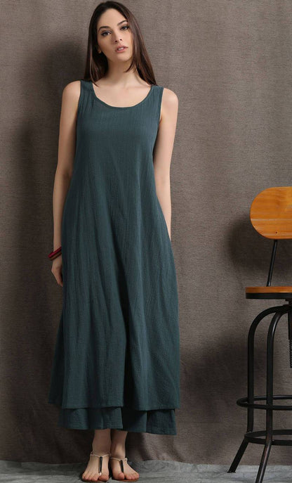 Layered Linen Maxi Dress - Long Sage Green Casual Everyday Comfortable Loose-Fitting Plus Size Women's Dress (C414)