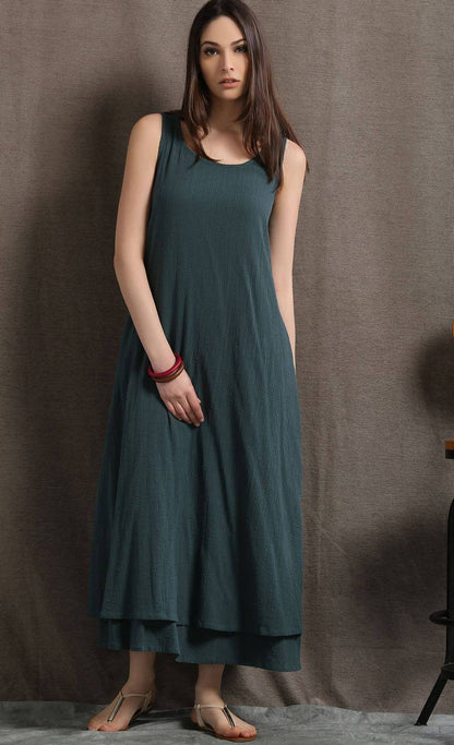 Layered Linen Maxi Dress - Long Sage Green Casual Everyday Comfortable Loose-Fitting Plus Size Women's Dress (C414)