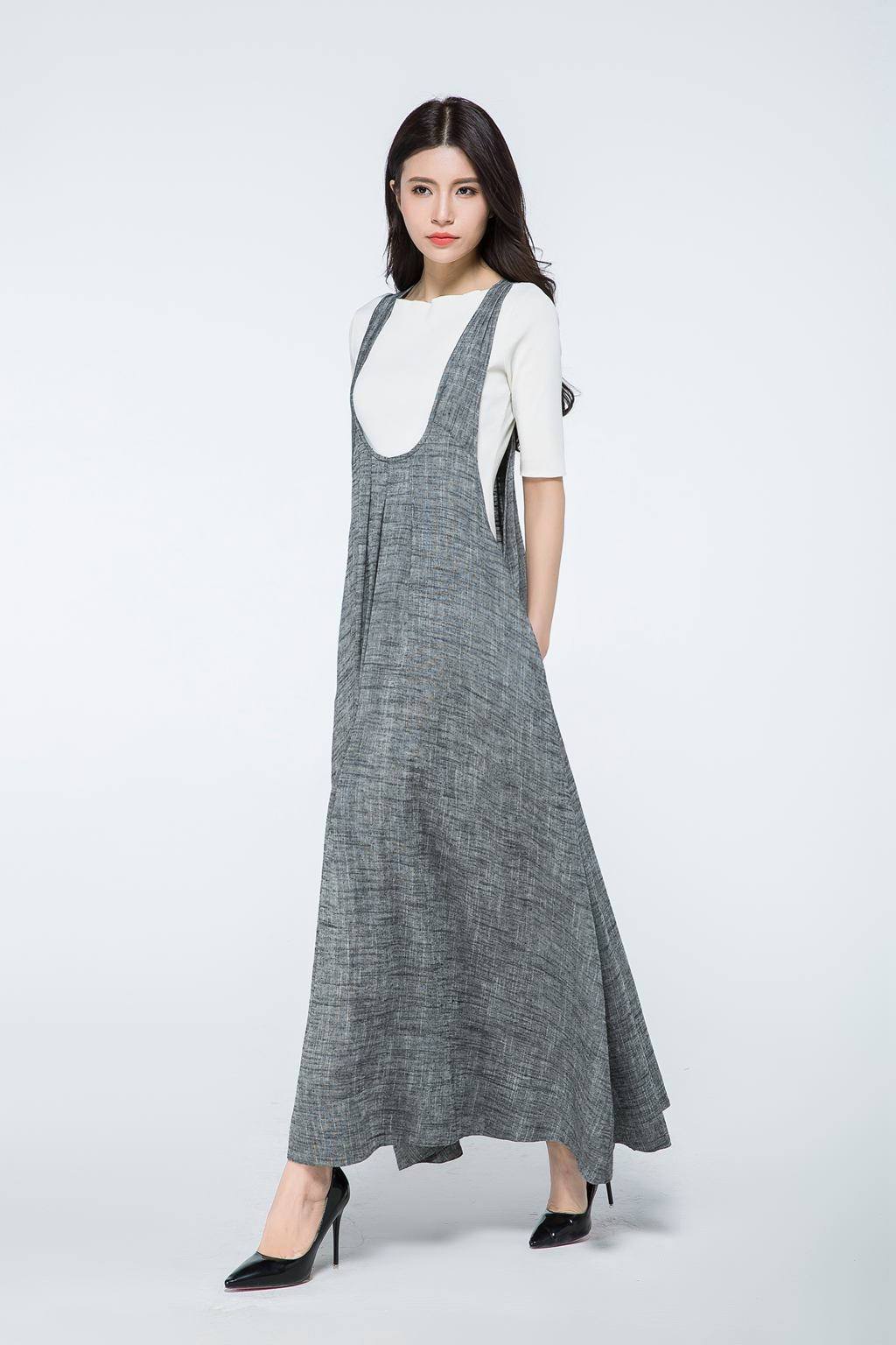 Gray Linen Maxi Overall Dress - Pleated Pinafore with Oversized Fit YLISTYLE Gray Linen Maxi Overall Dress - Pleated Pinafore with Oversized Fit YLISTYLE